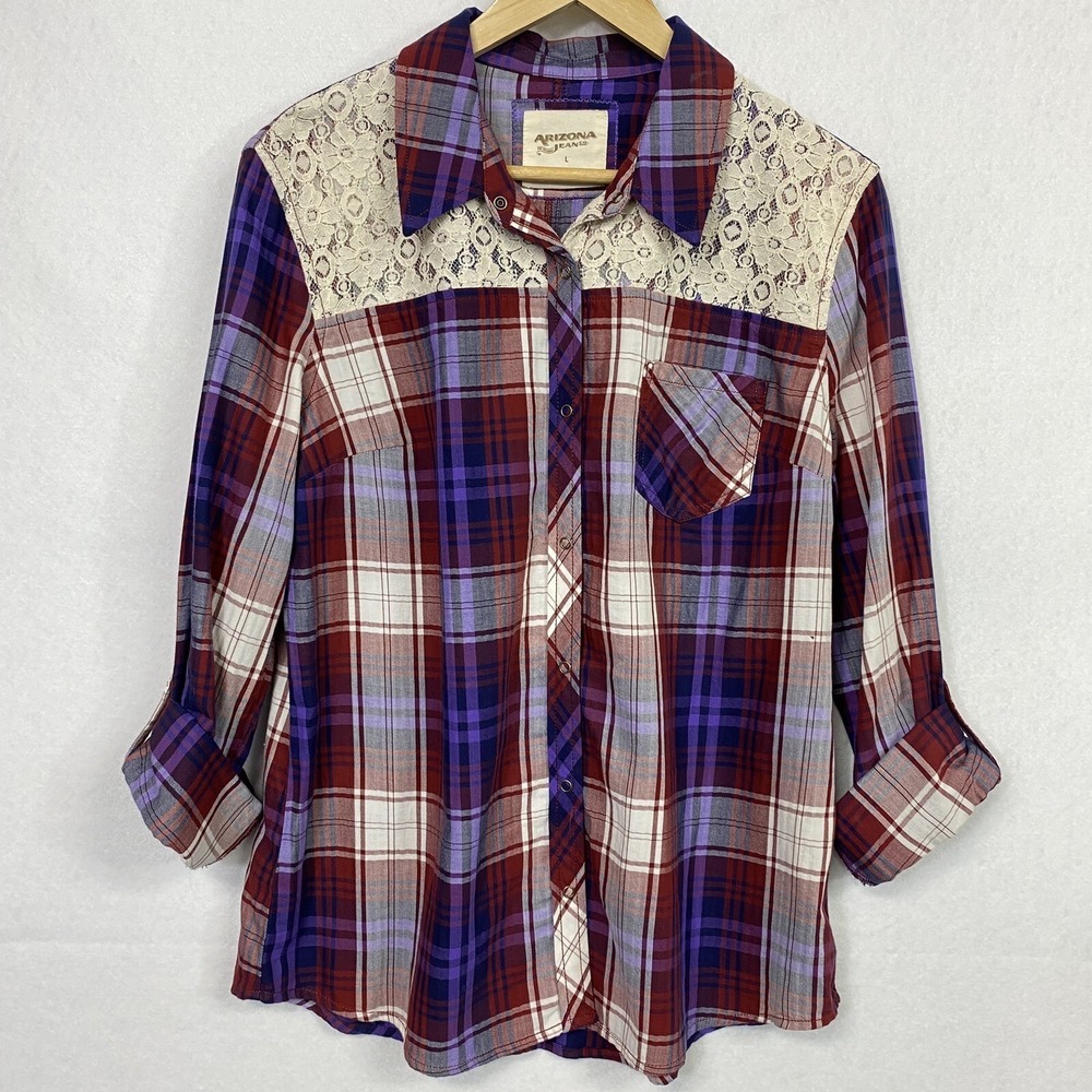 Arizona Jeans Women Large Flannel Shirt Multicolor Lace Shoulder Snap Roll Tab
